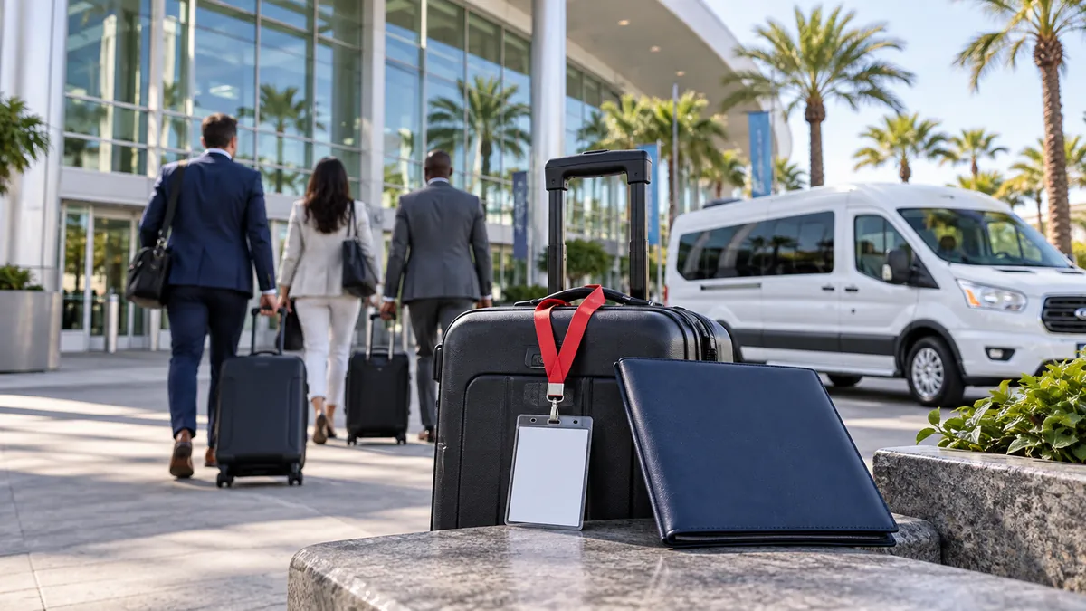 Convention travel luggage and a conference badge beside a passenger van