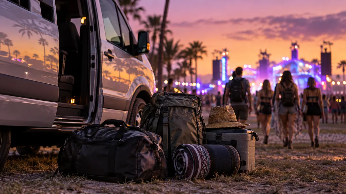 Group travel bags beside a passenger van with festival lights in the distance