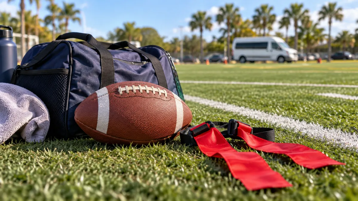 Football, red flag belts and team equipment ready for an Orlando trip