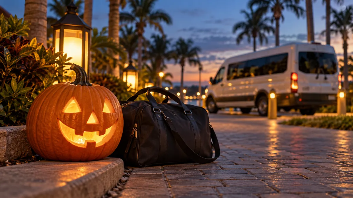 A glowing pumpkin lantern and travel bag with a passenger van in the distance