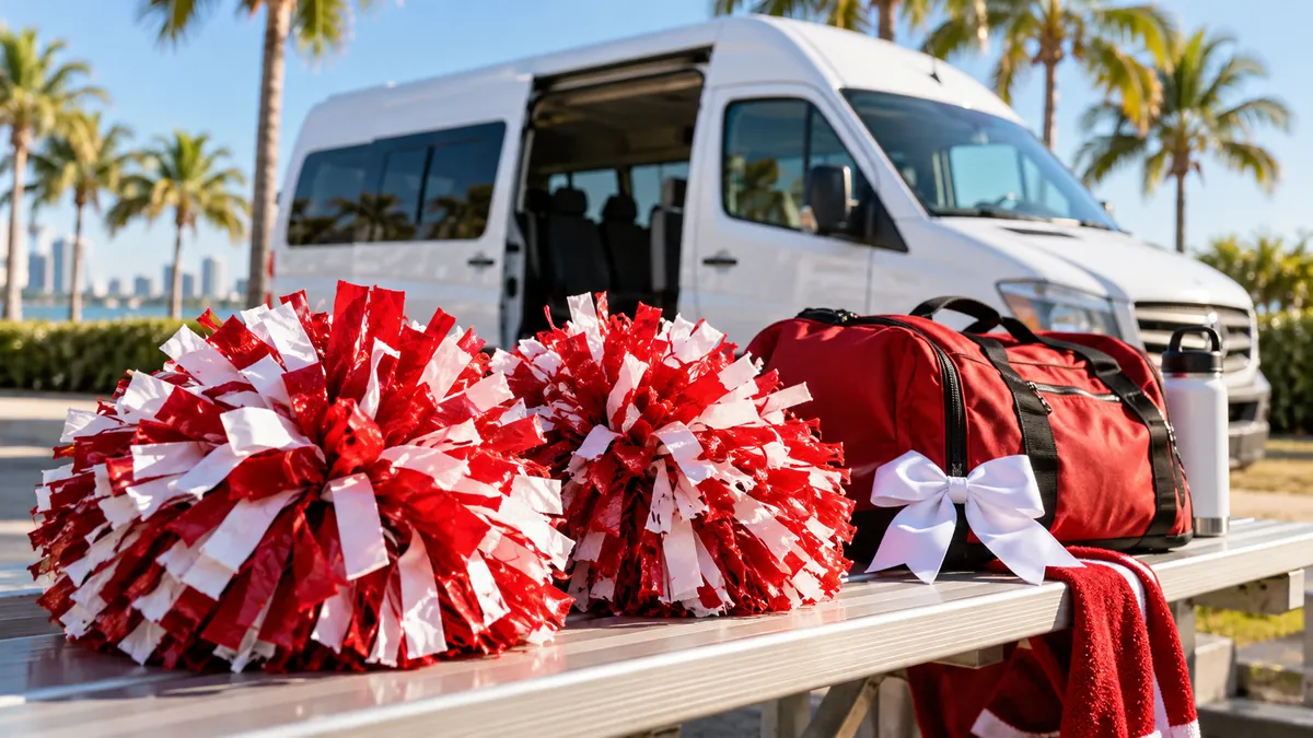 Red and white cheer pom-poms and team bags beside a passenger van