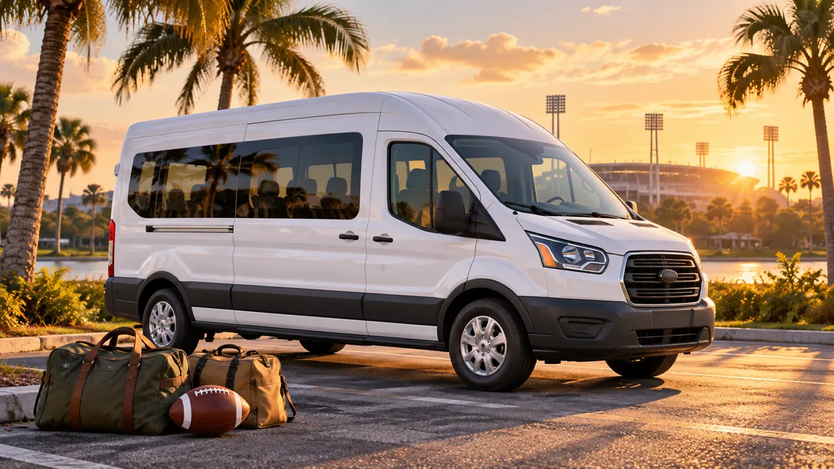 Editorial illustration of a white passenger van, weekend bags and a football near a generic stadium