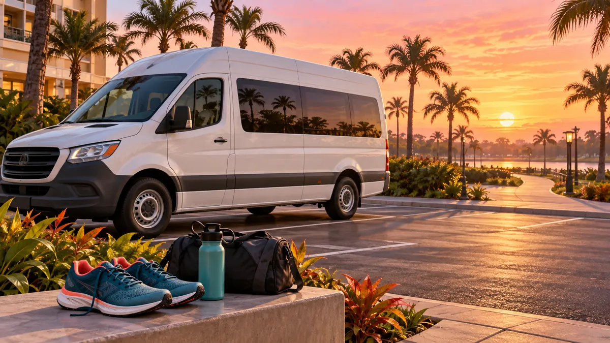 Editorial illustration of a passenger van, running shoes, a gym bag and water bottle beside a Florida hotel at sunrise