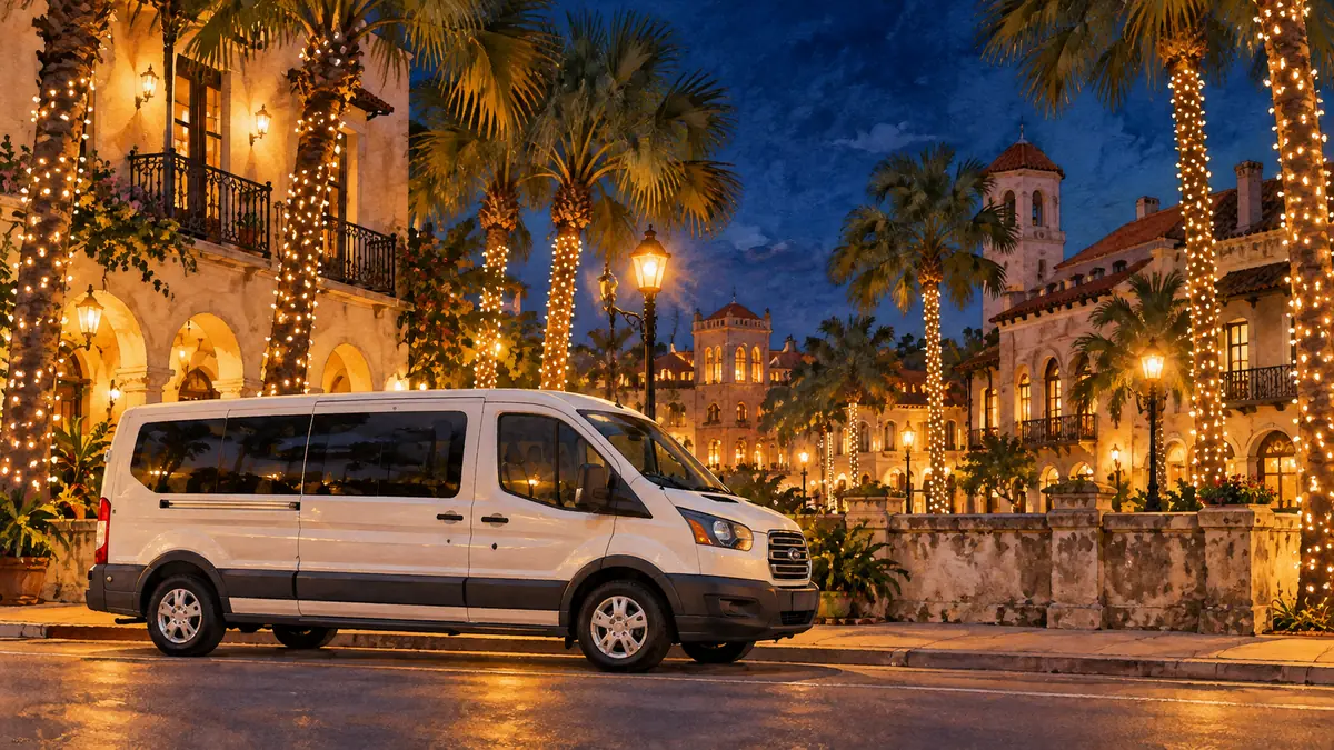 Editorial illustration of a white passenger van beside holiday-lit palms and historic-style buildings at twilight